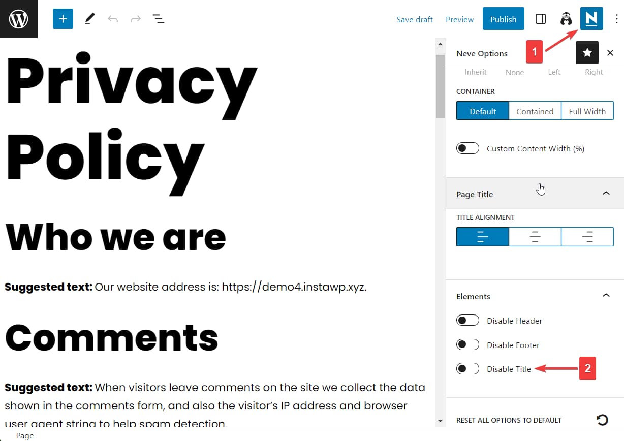 page level title removal neve theme.