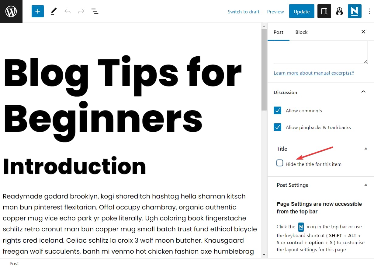 how to hide title using WP 4 Me Title Remover.