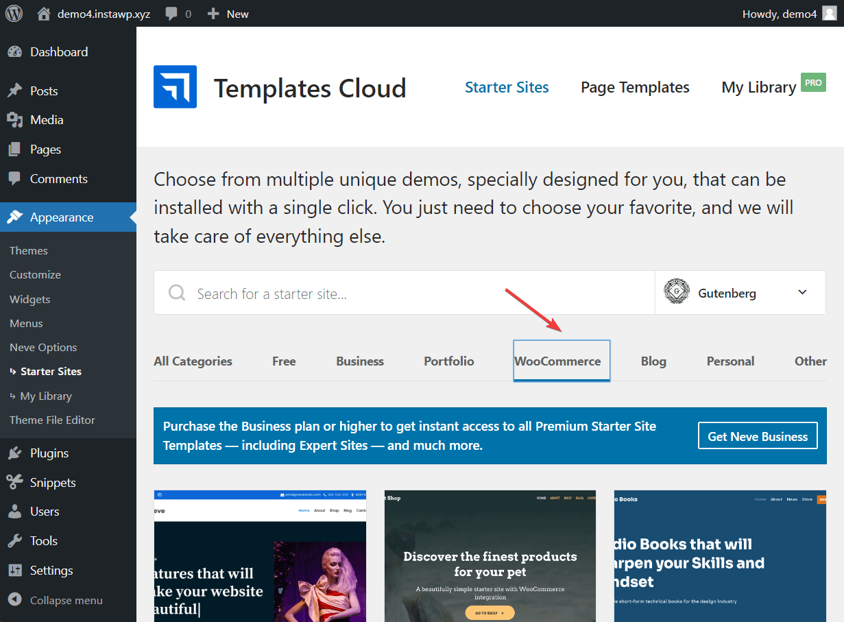 neve woocommerce starter sites