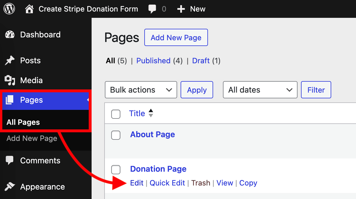 Finding the page you want to add the donation form to.