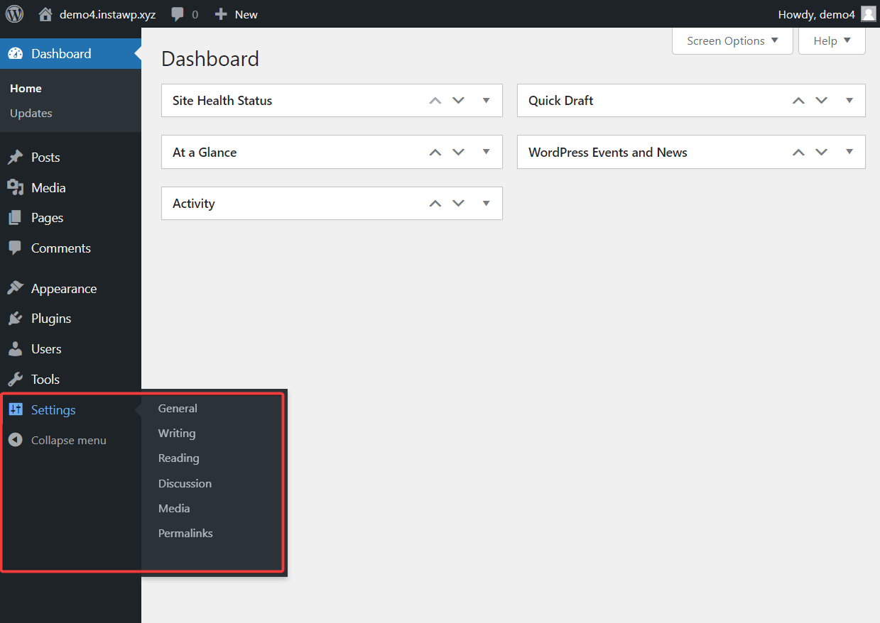 wordpress setting options