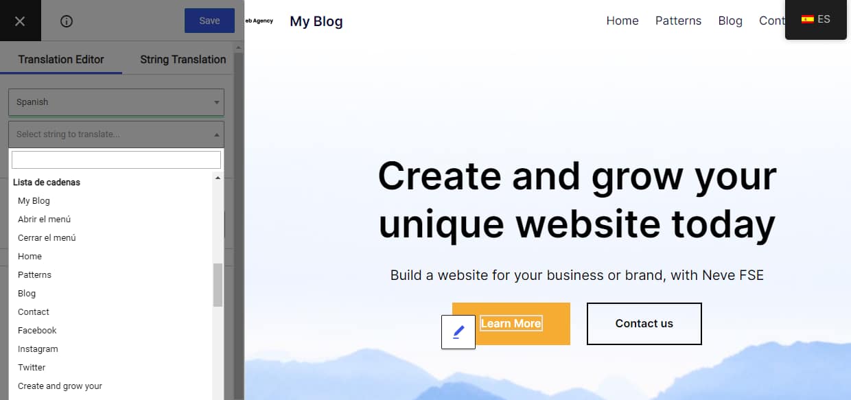 Choosing a string to translate in TranslatePress.