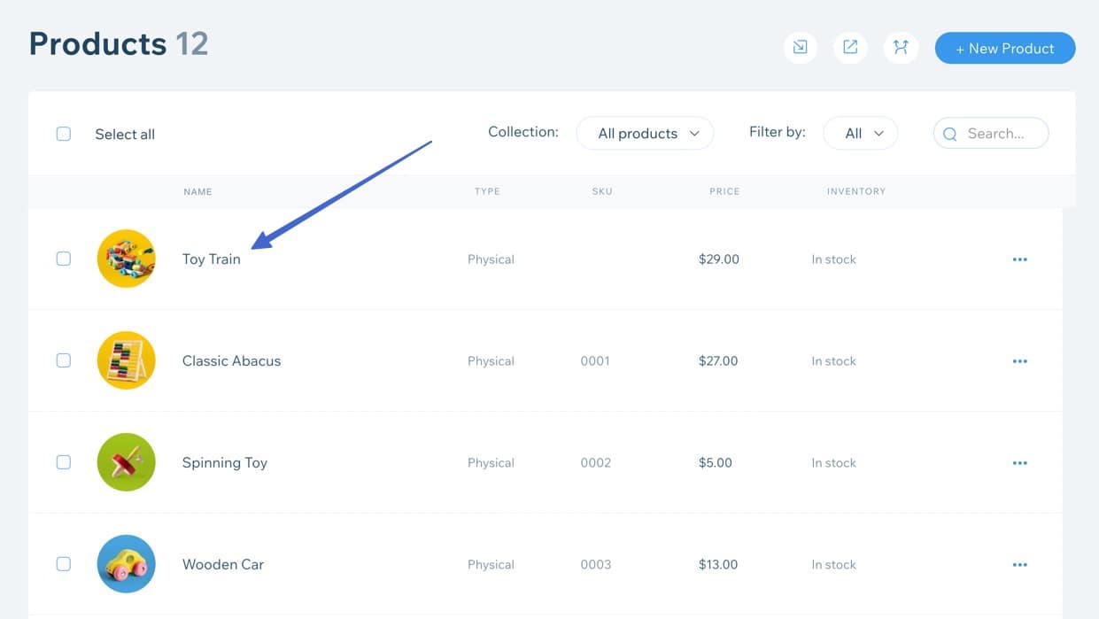 item list in Wix online store