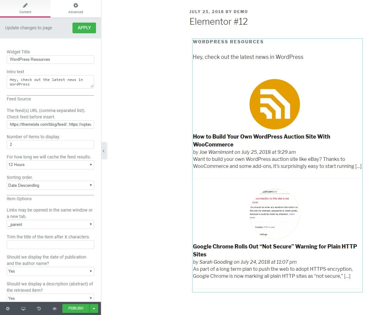 Feedzy via elementor