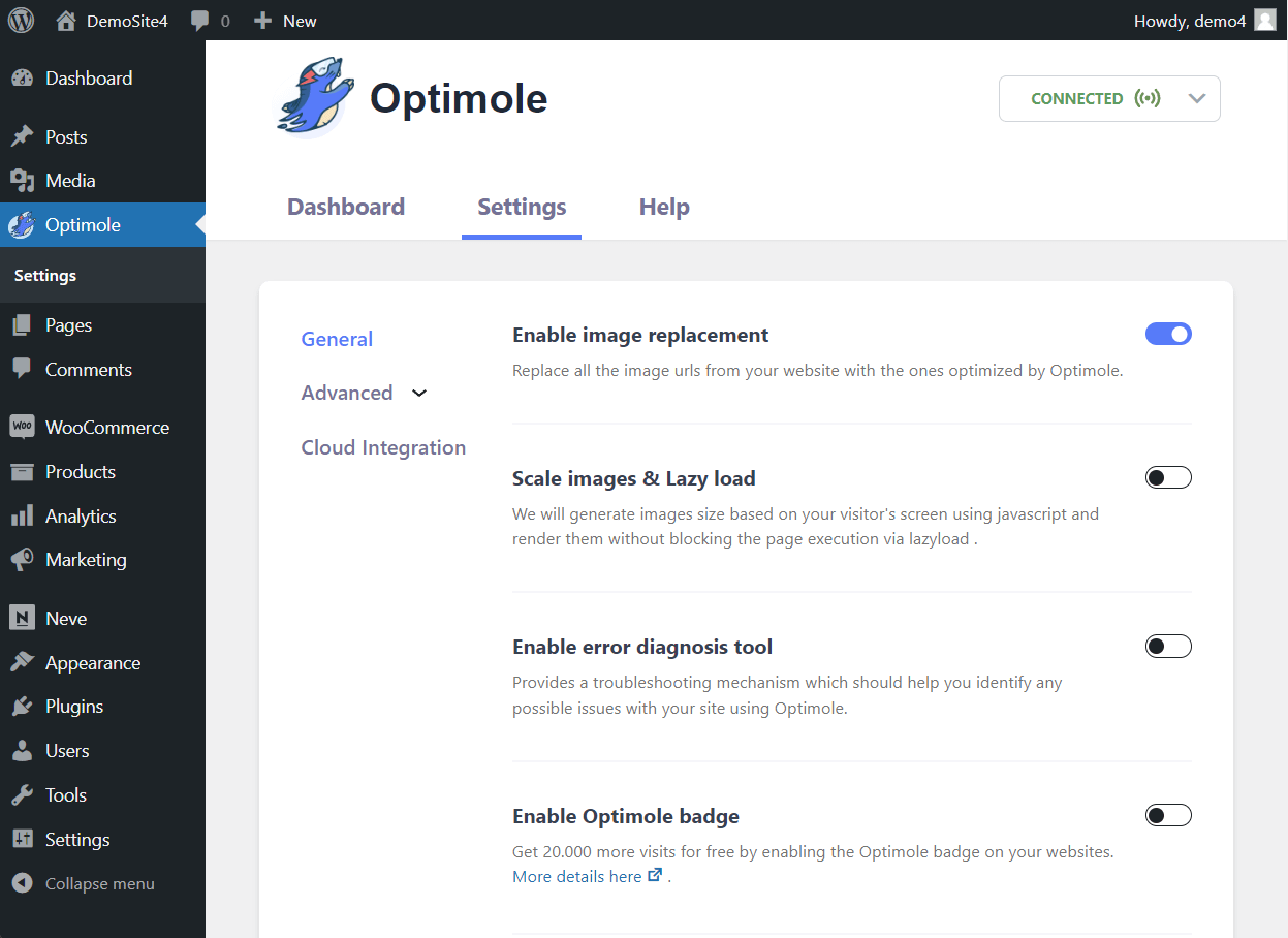 optimole plugin settings.