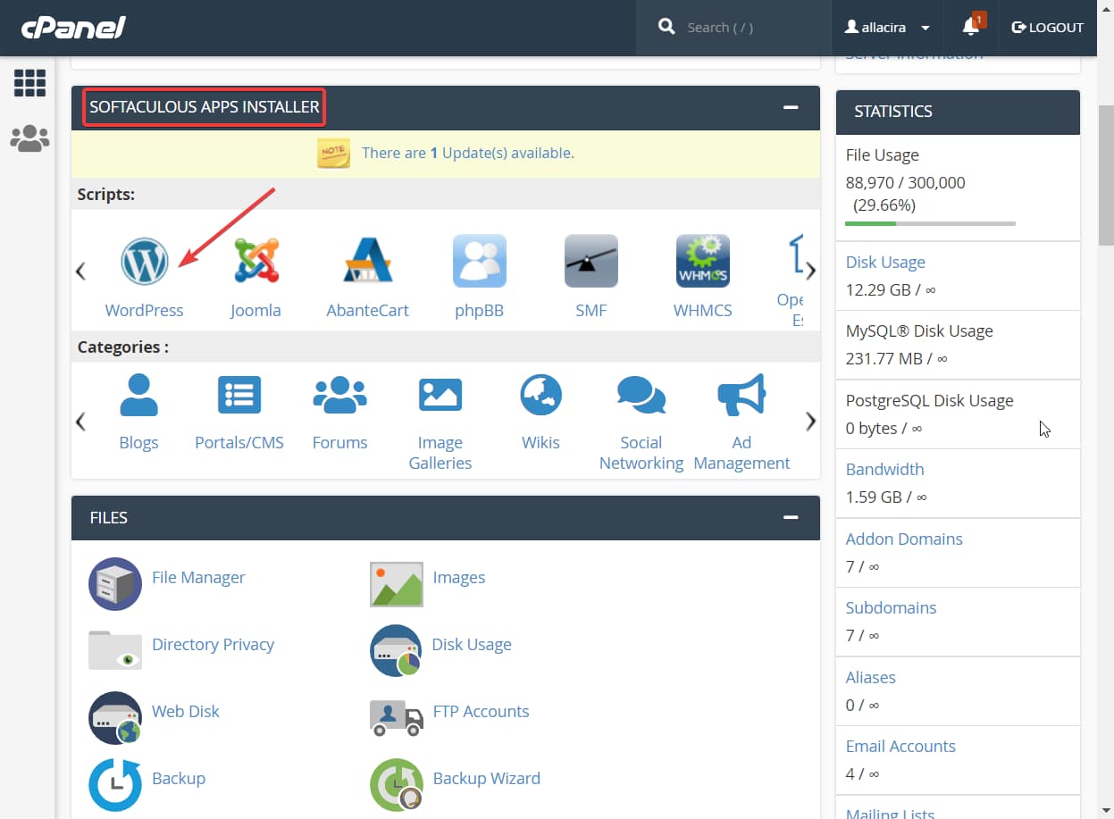 wordpress option in softaculous