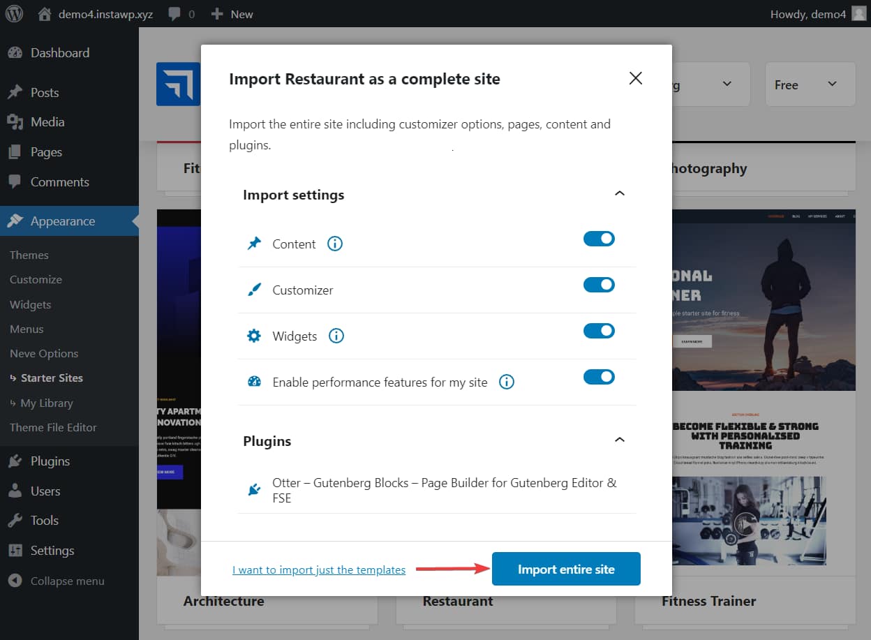 importing neve starter site