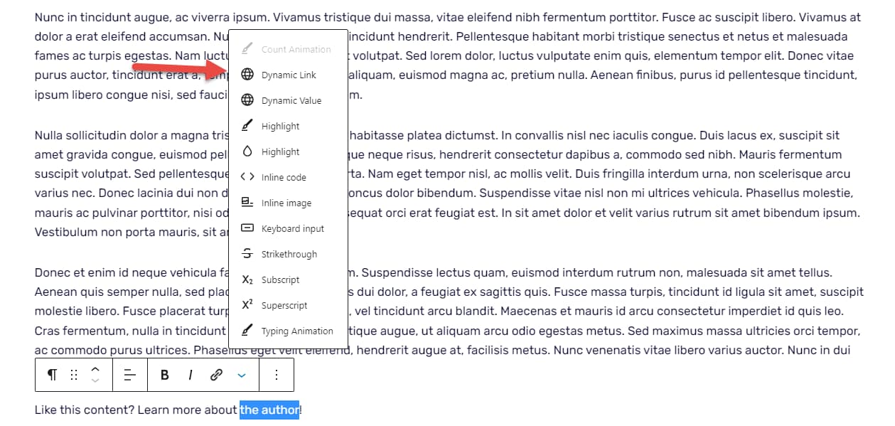 How to create dynamic WordPress content: Highlighted text in a WordPress post with the down-arrow menu open and a red arrow pointing at the "Dynamic Link" option.