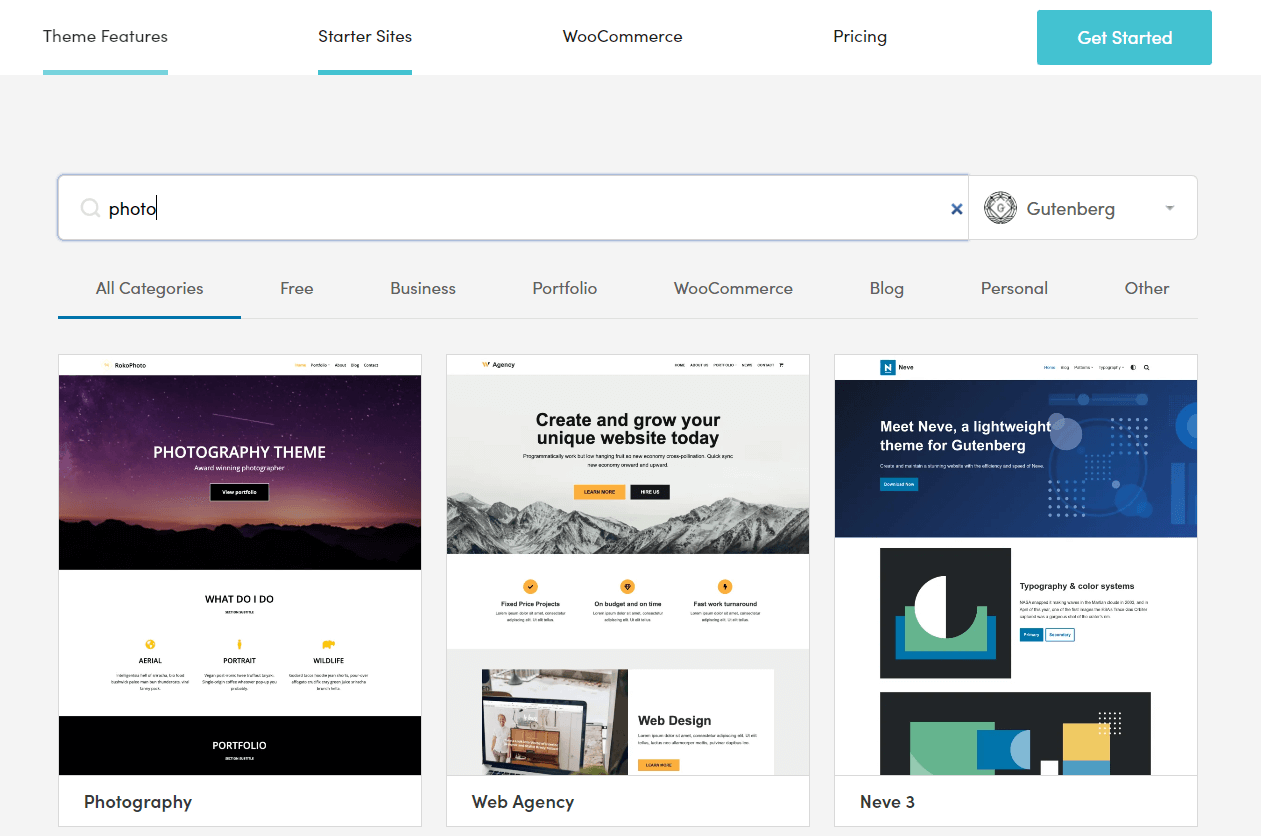 An example of some pre-built sites from the Neve theme that are ideal for photography blogs.