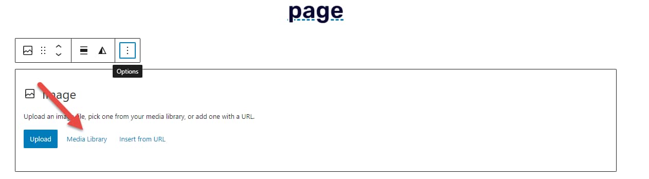 Image block with an arrow pointing to "Media Library".
