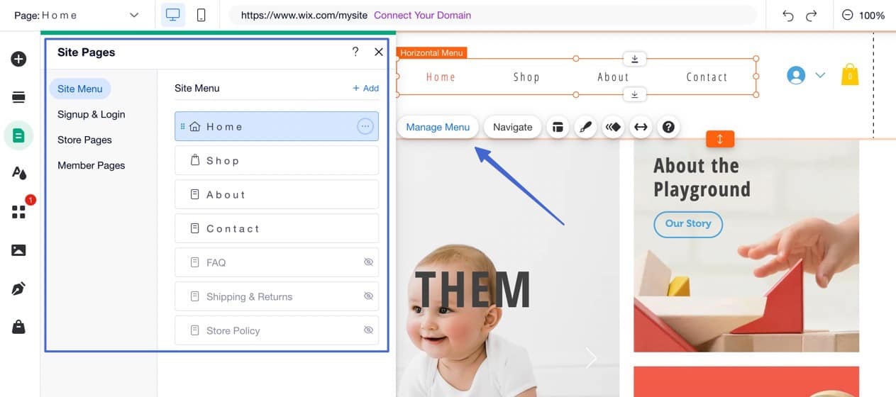 manage menu in Wix online store