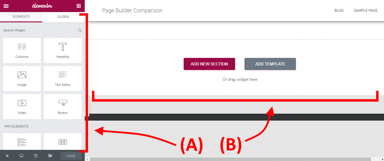 Elementor vs Divi Builder vs Beaver Builder: Elementor interface