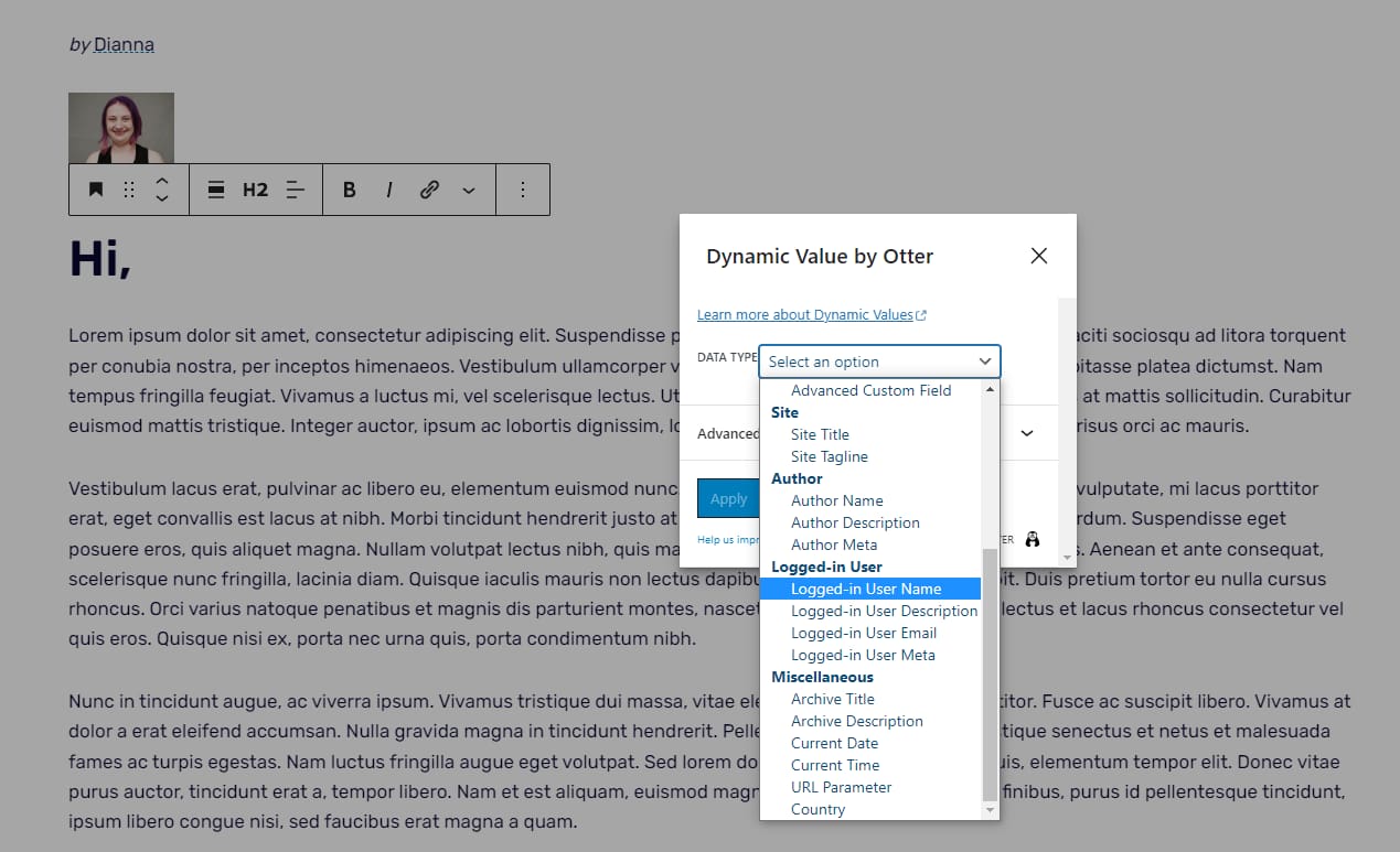 Dynamic Value options with the Data Type menu open and "Logged-in User Name" highlighted.
