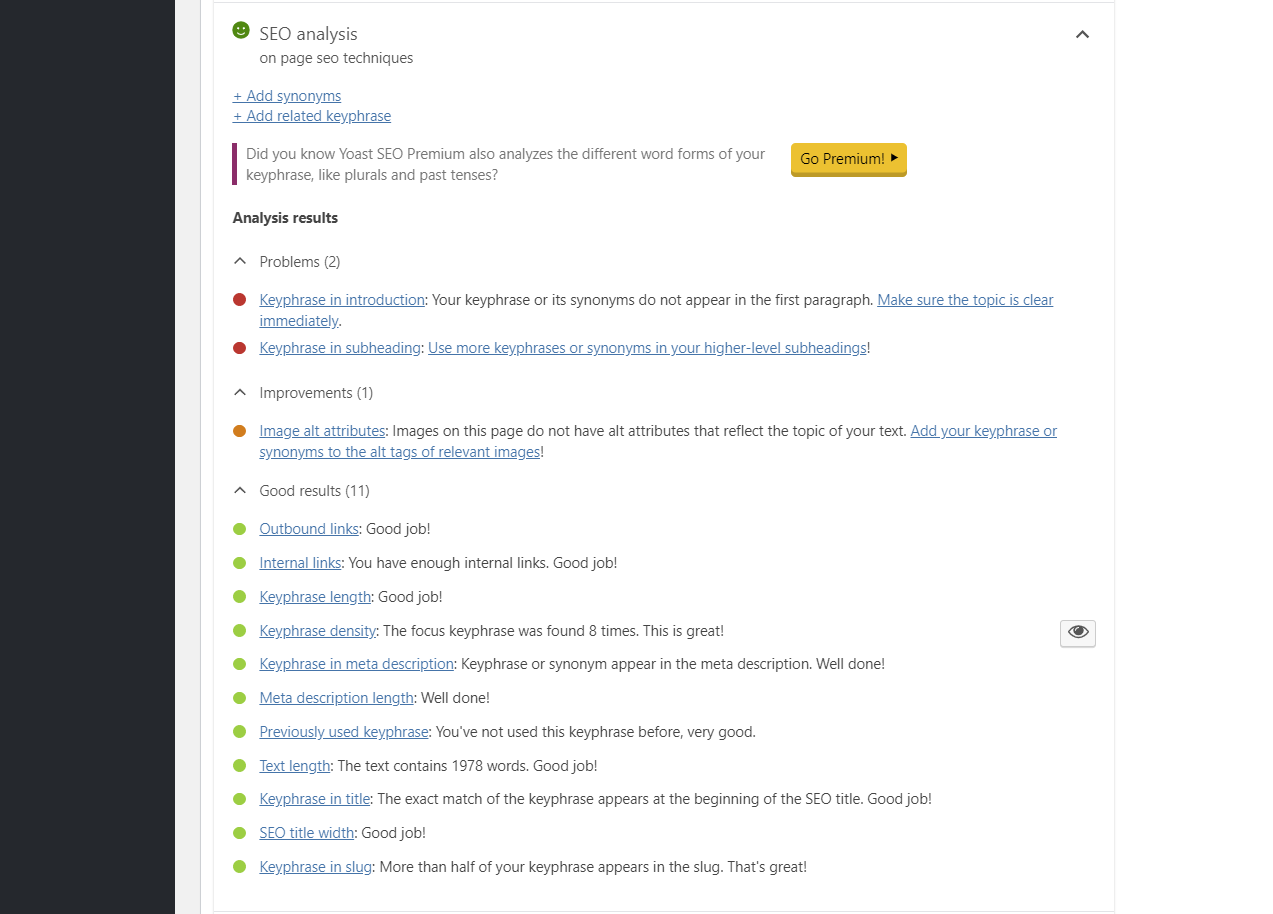 Yoast SEO on page SEO suggestions