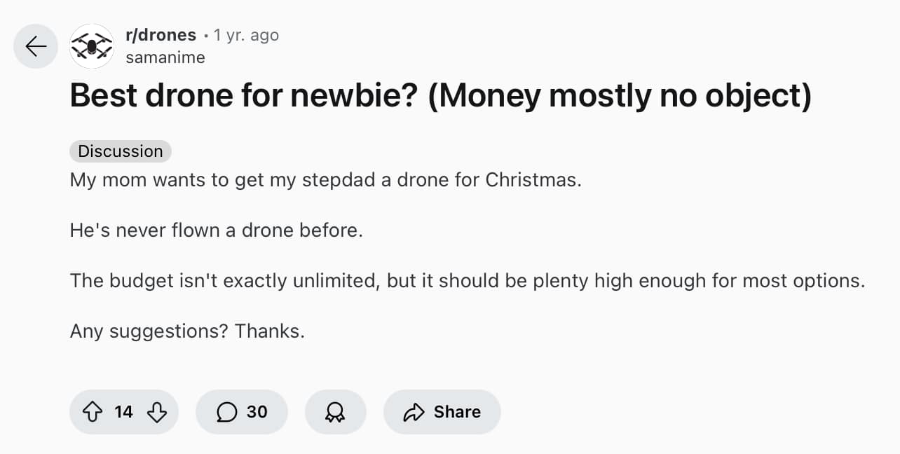 Comment in Reddit thread asking for advice on what drone to buy.