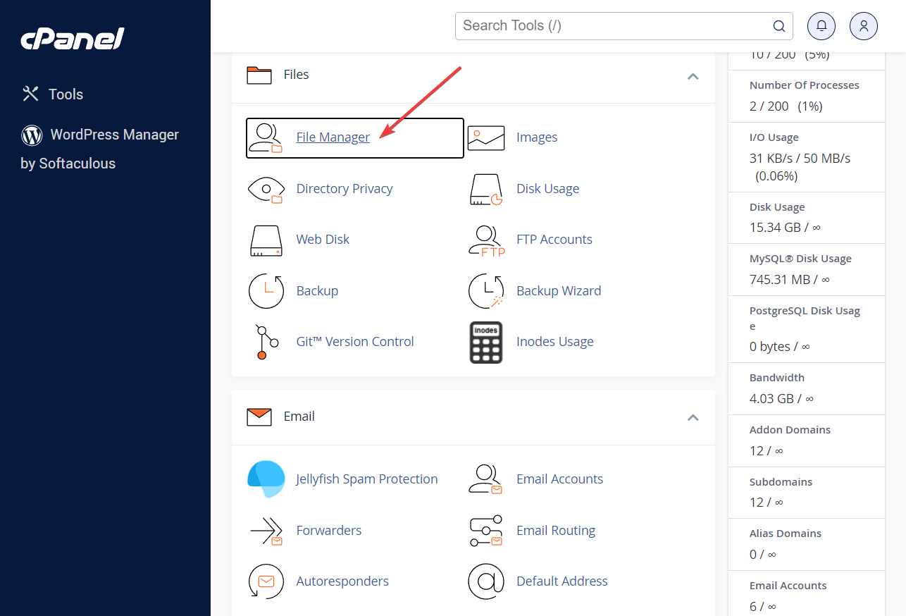 file manager in the cpanel.