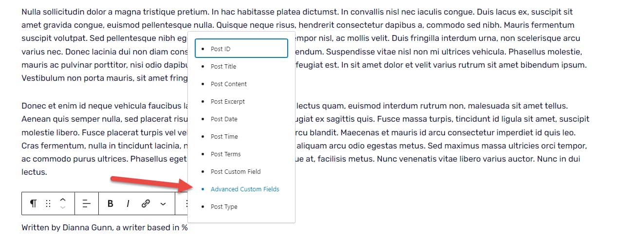 WordPress dynamic content: blog post with dynamic values menu open and an arrow pointing to "Advanced Custom Fields".
