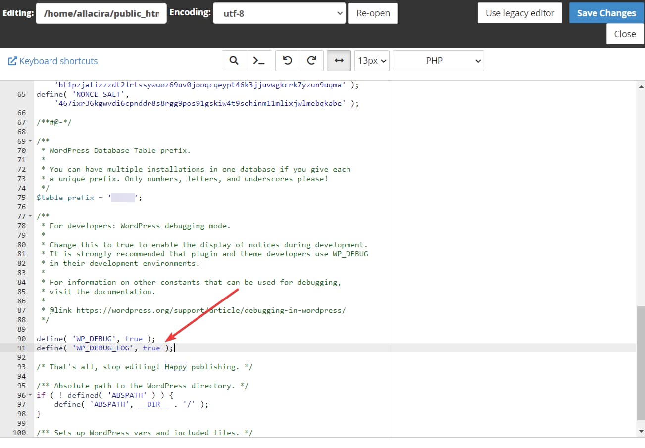 debugging code snippet in wpconfig.