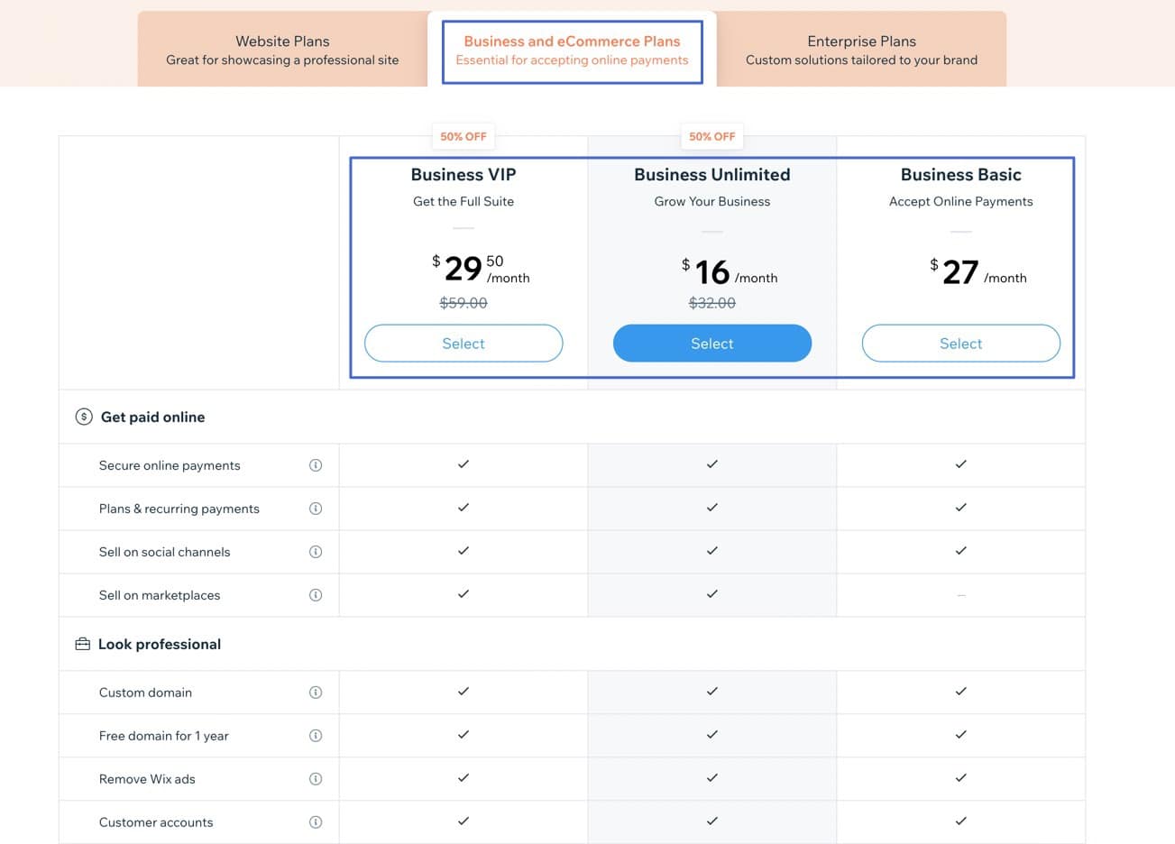 pick a Wix pricing plan