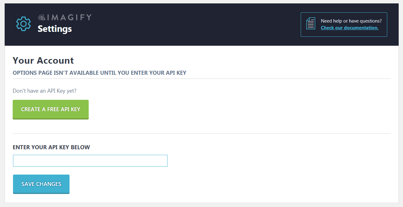 Entering an API key in Imagify.