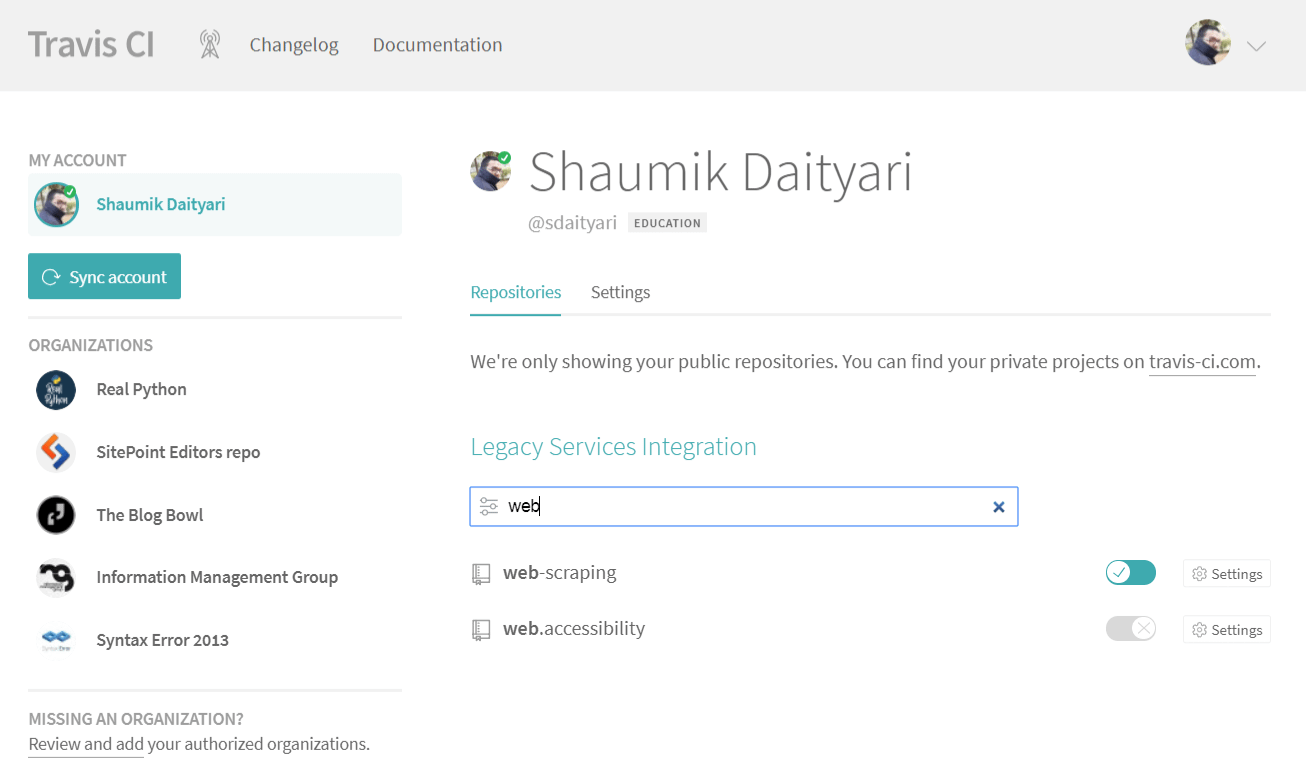 Activating repositories on Travis