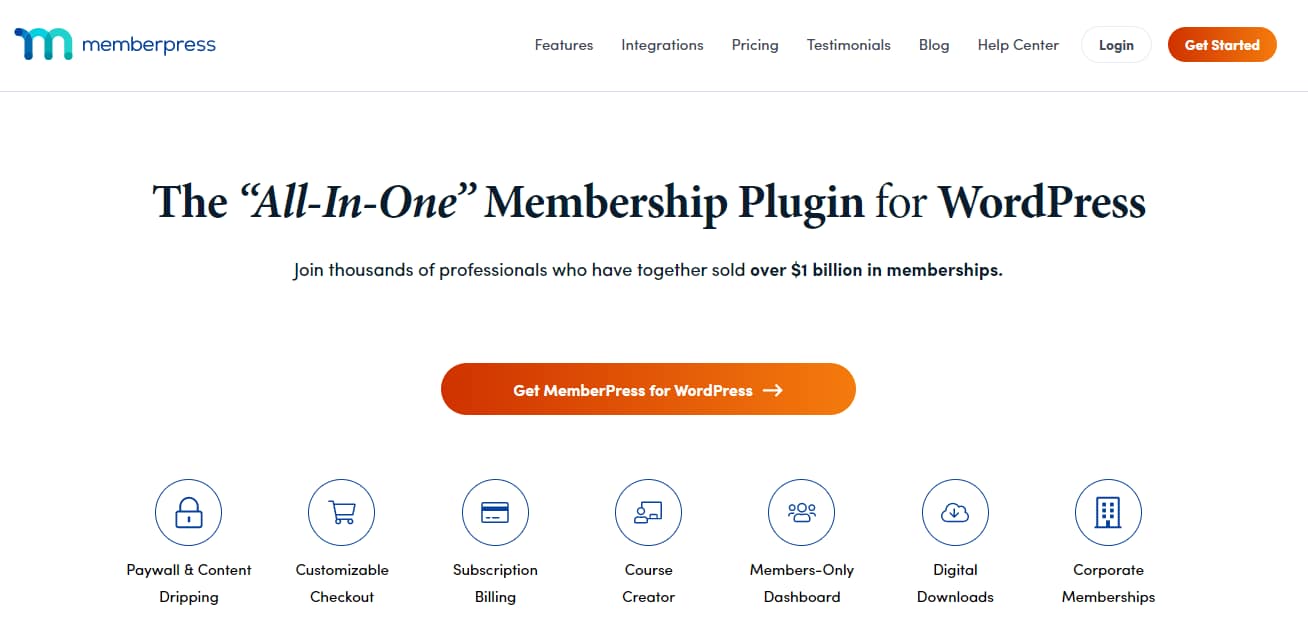 MemberPress homepage - a great tool to to sell digital products and courses.