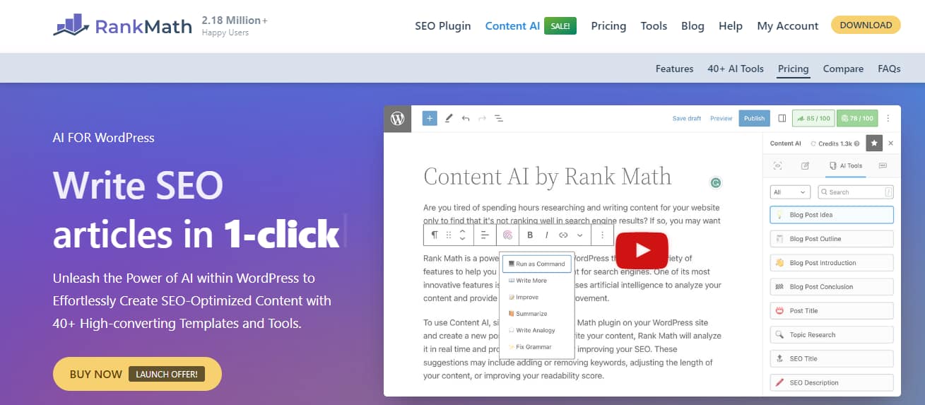 AI for SEO: Rank Math Content AI.