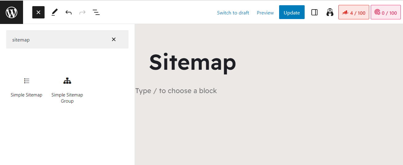 Adding the sitemap block in WordPress.