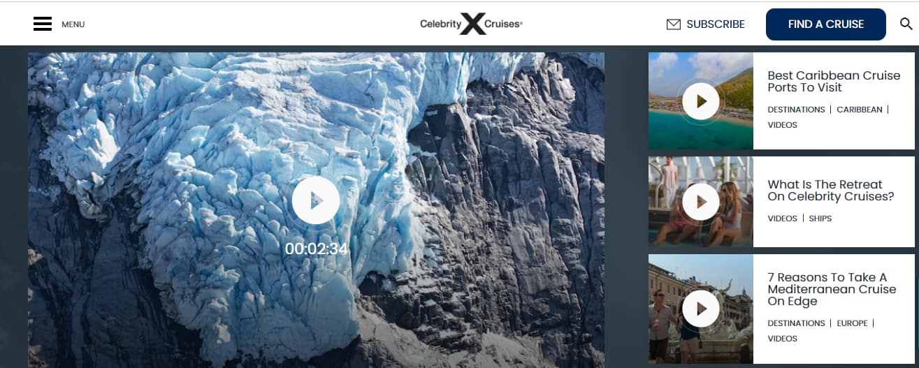 A WordPress video gallery on the Celebrity Cruises website.