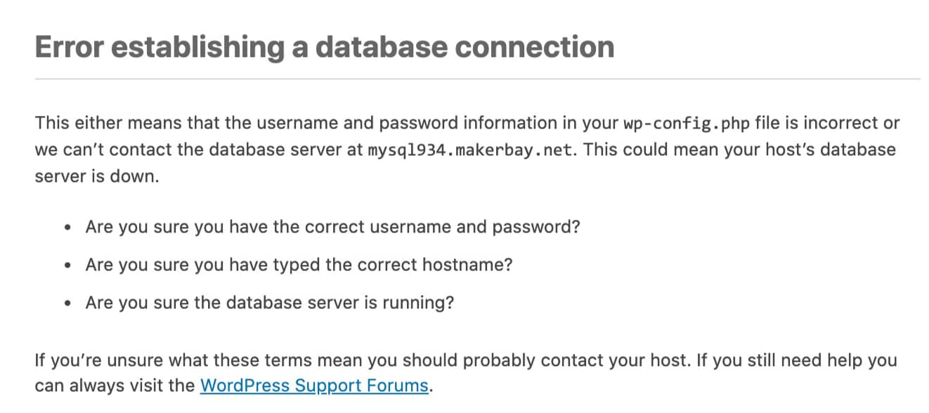 Error establish a database connection.