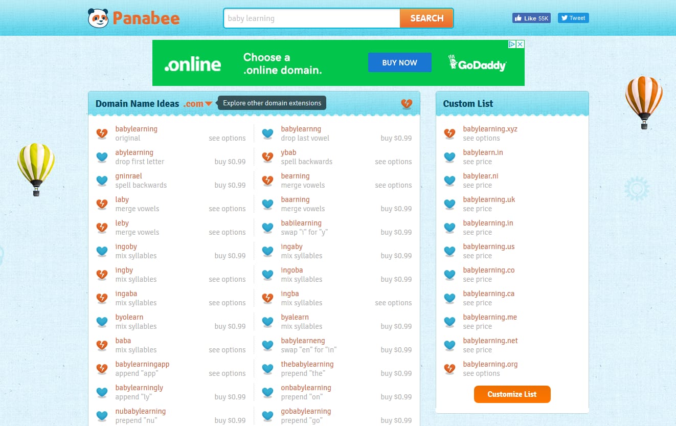 The variations in the Panabee search provides more interesting opportunities for a domain name