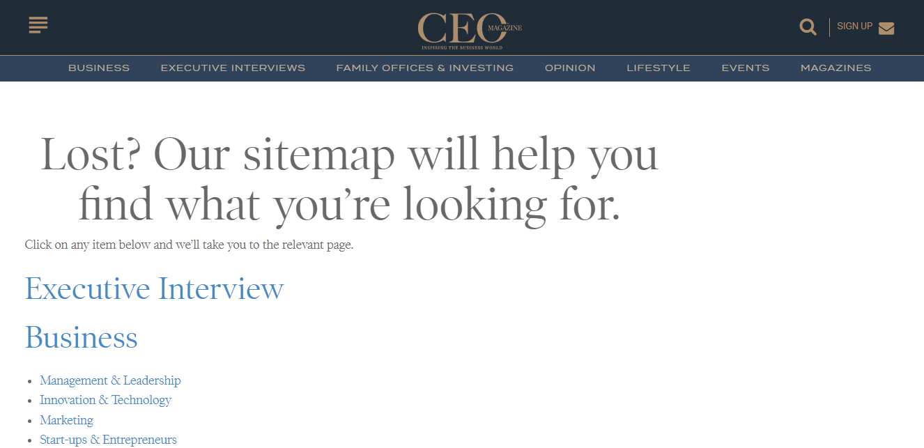 An example of a WordPress HTML sitemap on CEO magazine.