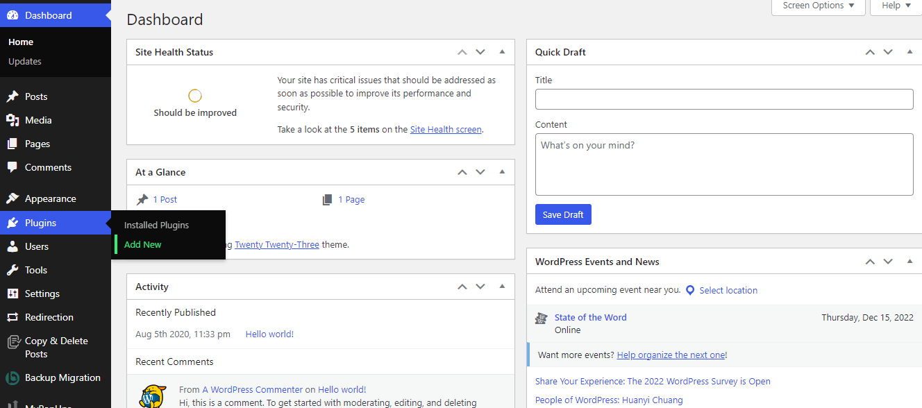 How to enable WordPress maintenance mode: Adding a new plugin.