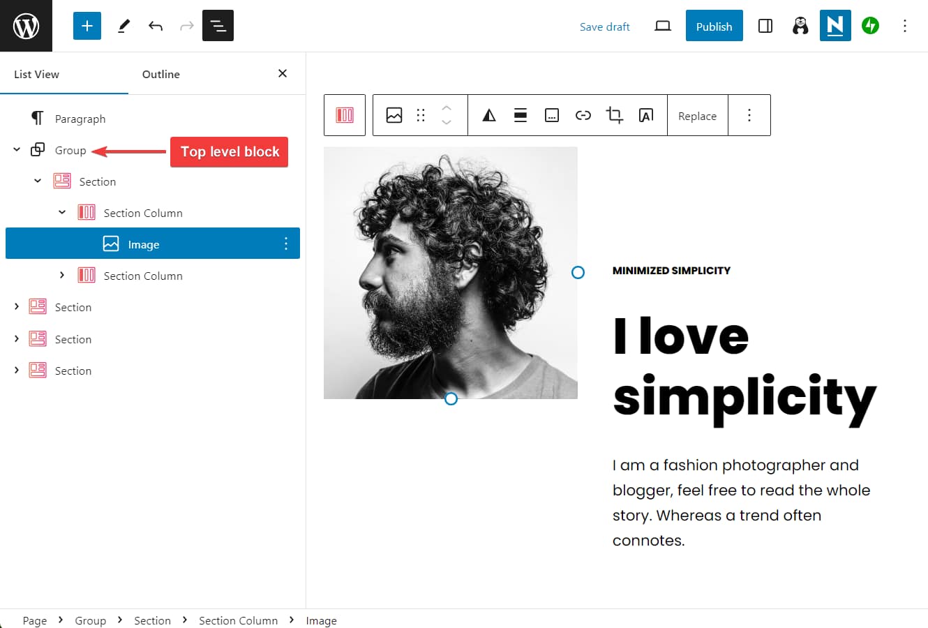 gutenberg top level block.
