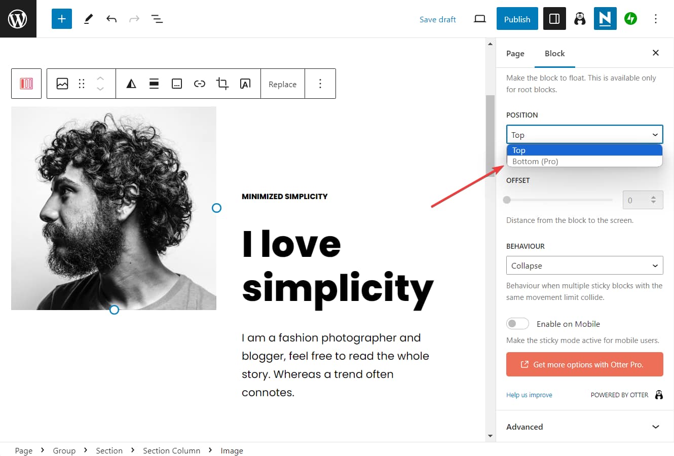 otter block sticky block bottom position - sticky block in Gutenberg.