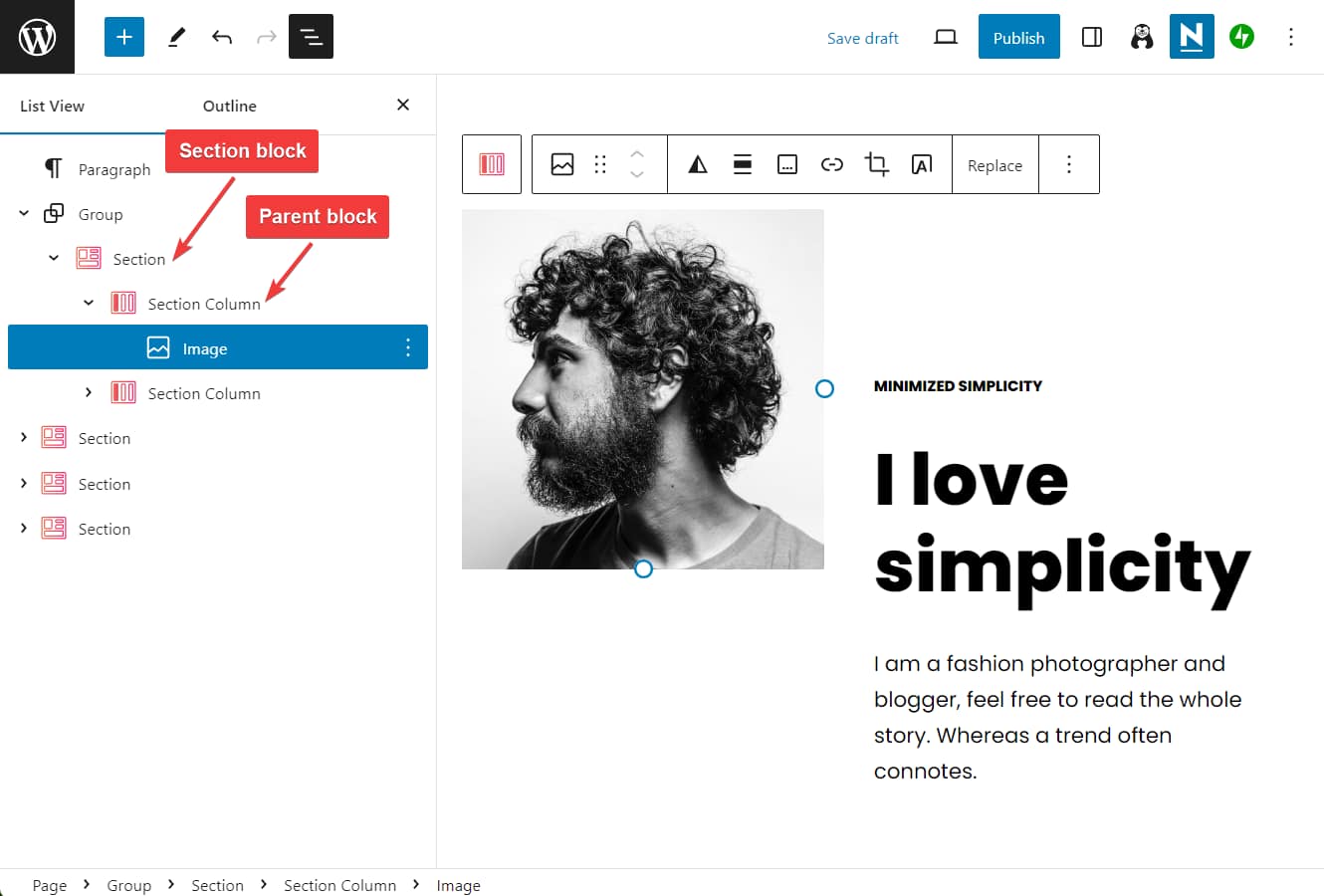 section and parent blocks.