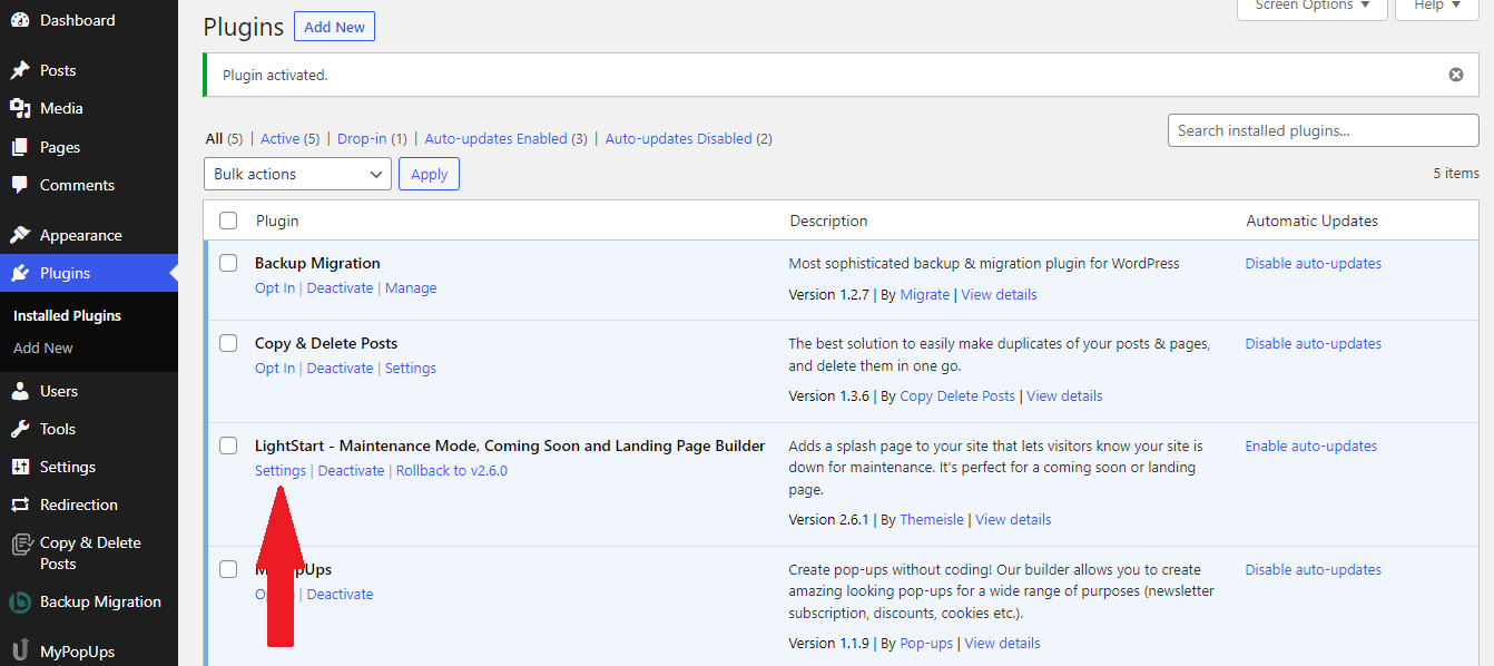 How to enable WordPress maintenance mode: Navigate to the settings of LightStart.