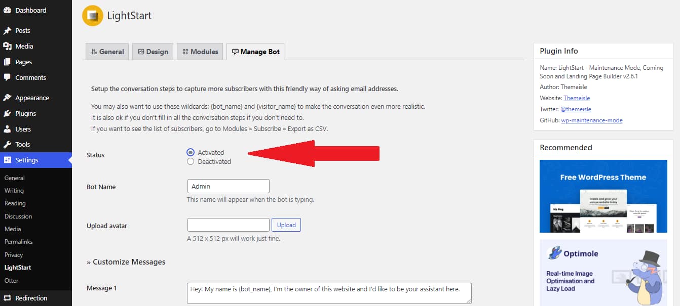 Activating your bot for the maintenance mode page.