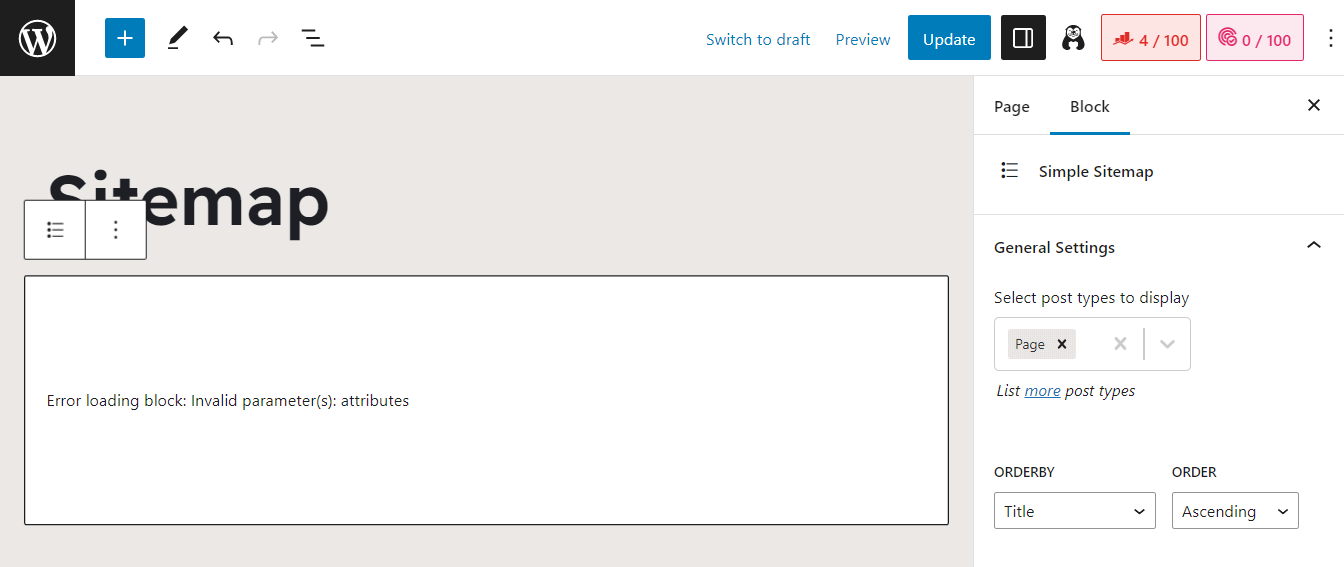 Editing the Simple Sitemap block.