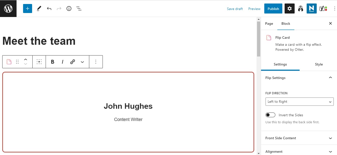 Creating a flip card for your meet the team page using Otter Blocks