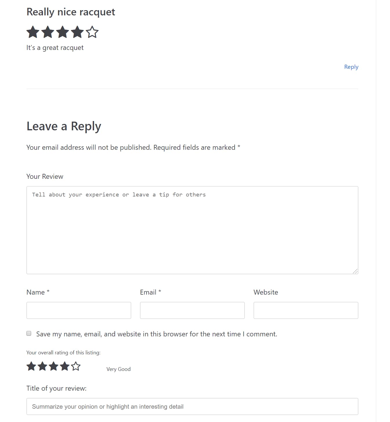 Comment Ratings example