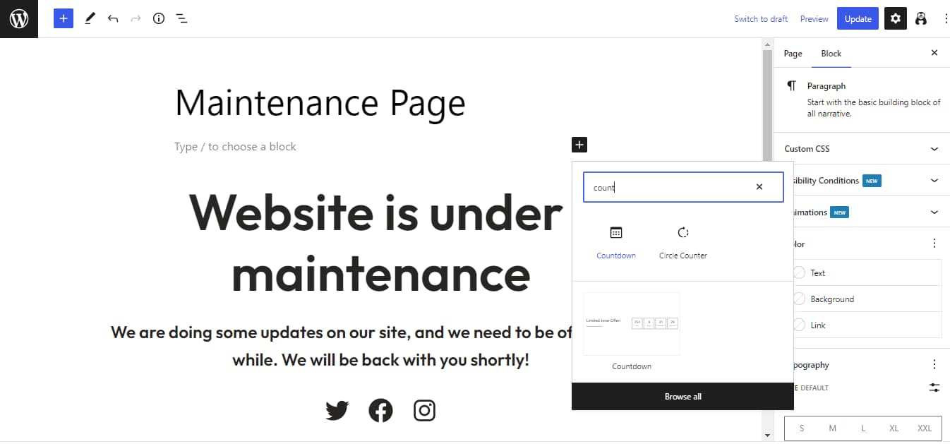 How to enable WordPress maintenance mode: Adding a countdown clock to your maintenance mode page.