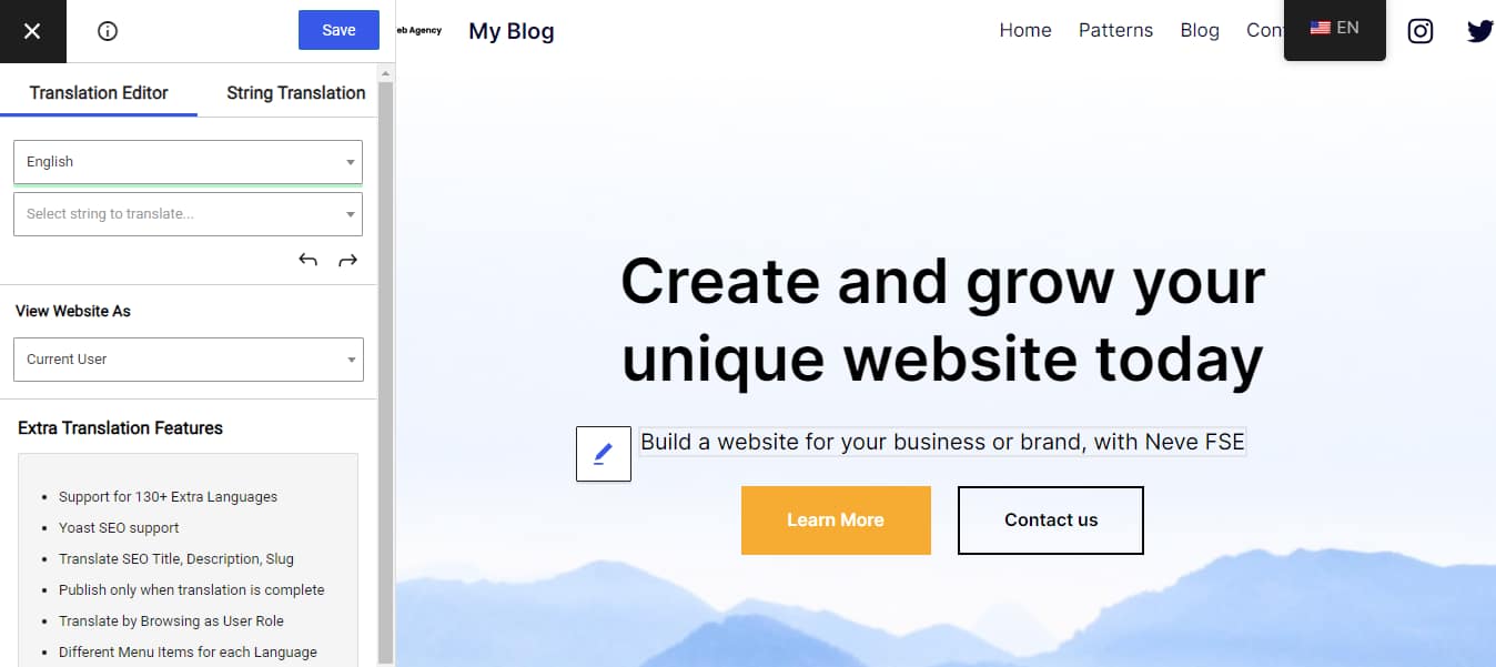 The translation editor for creating a WordPress multilingual site with TranslatePress.