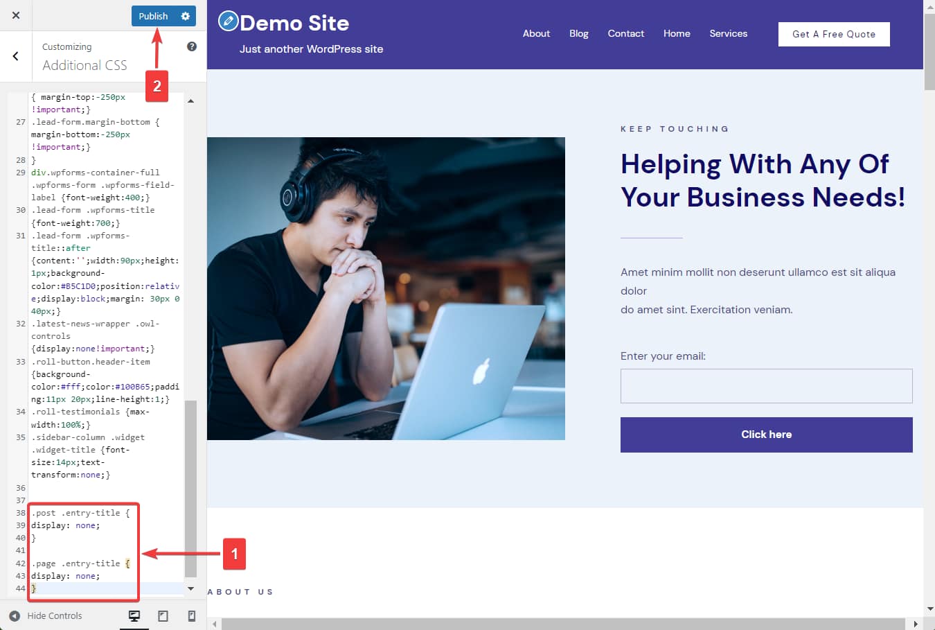 css code to remove all posts and pages titles.