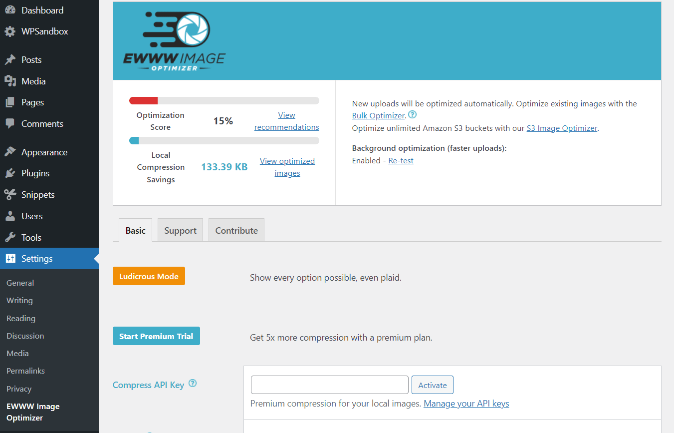 ewww image optimizer plugin settings.