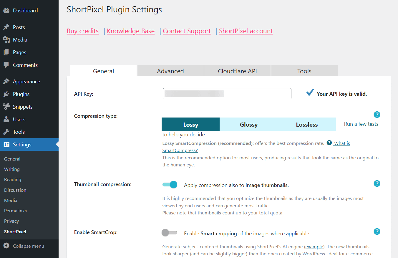 shortpixel plugin settings.
