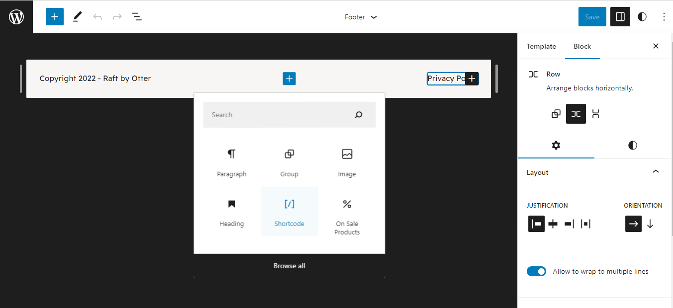 Adding the shortcode block.