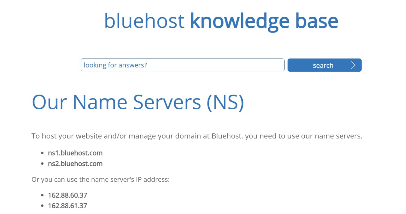 Example of nameservers at Bluehost