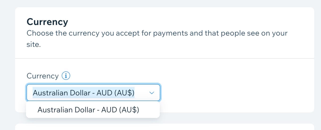 Picking a different currency in Wix.