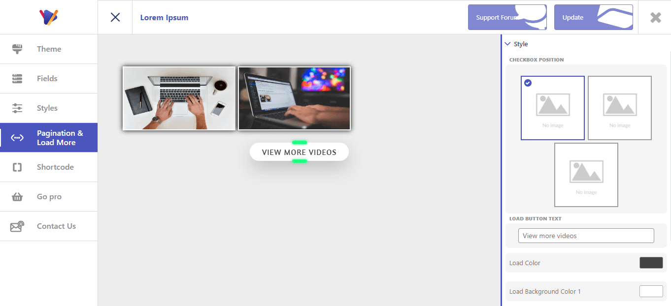 Customizing the pagination of the video gallery.